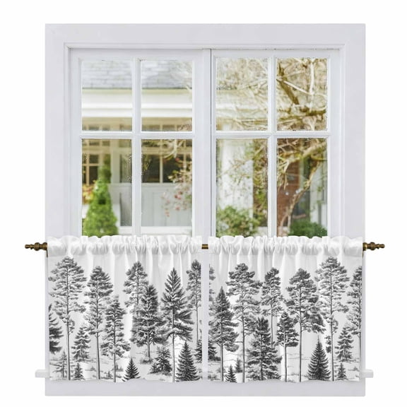 Black Pine Tree Tier Curtains, Vintage Watercolor Botanical Light Filtering Kitchen Curtains, 2Pcs Rod Pocket Half Window Treatments Panels for Sink Cafe Cabinet Camper 27.5x24 Inches