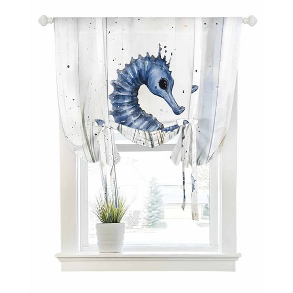 Coastal Seahorse Tie Up Curtains for Window, Thermal Insulted Balloon Shade Adjustable Rod Pocket Curtains Valance Panels for Kitchen Bathroom Cafe 52 x 63 Vintage Summer Beach Botanical