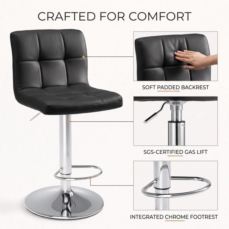 BEAUTYPEAK Adjustable Bar Stools Set of 2 PU Leather Swivel Counter Height Chairs with Backrest and Footrest, Black
