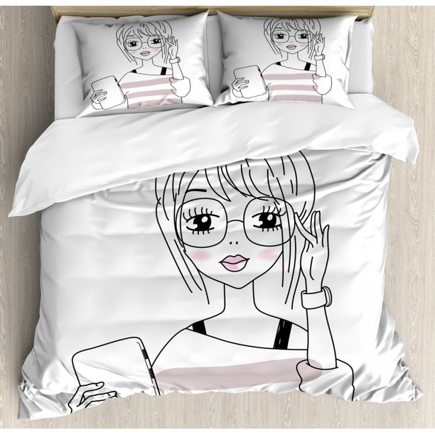 Nerdy Duvet Cover Set Queen Size, Hand Drawn Hipster Girl with Tablet