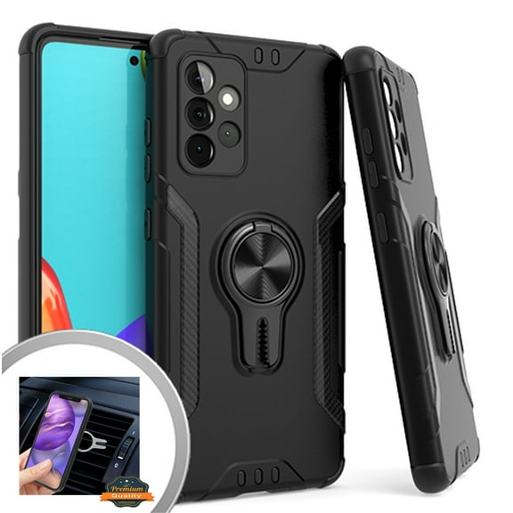 Xpression Case for Samsung Galaxy A52 5G Shockproof Adsorption Hard Rugged Armor Ring Holder & Air Vent Car Mount Clip with Kickstand Phone Cover [Black]