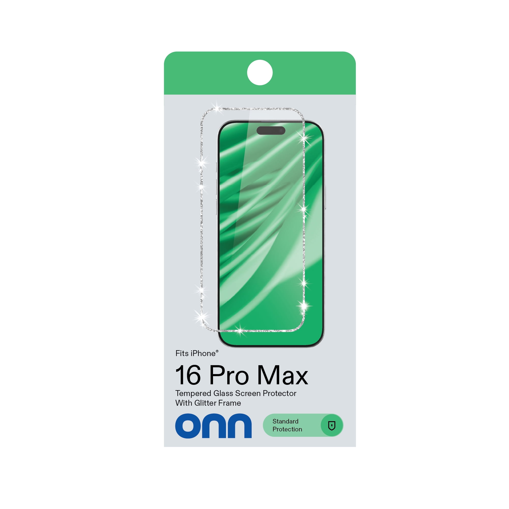 onn Glitter Frame Glass Screen Protector with Easy Application Tray for iPhone 16 Pro Max