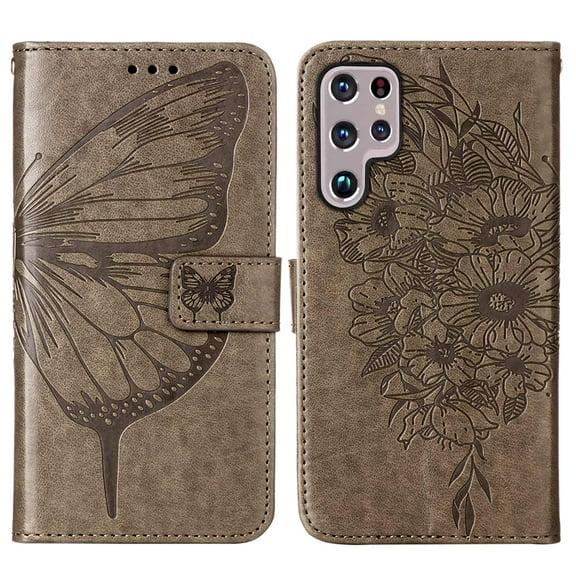 for Samsung Galaxy S22 Ultra 6.8 Inch Wallet Case, Butterfly Pattern Soft TPU Shockproof Wrist Strap Magnetic Clasp Cover with Kickstand Bracket Cash Card Slots Flip Folio Phone Case,Gray