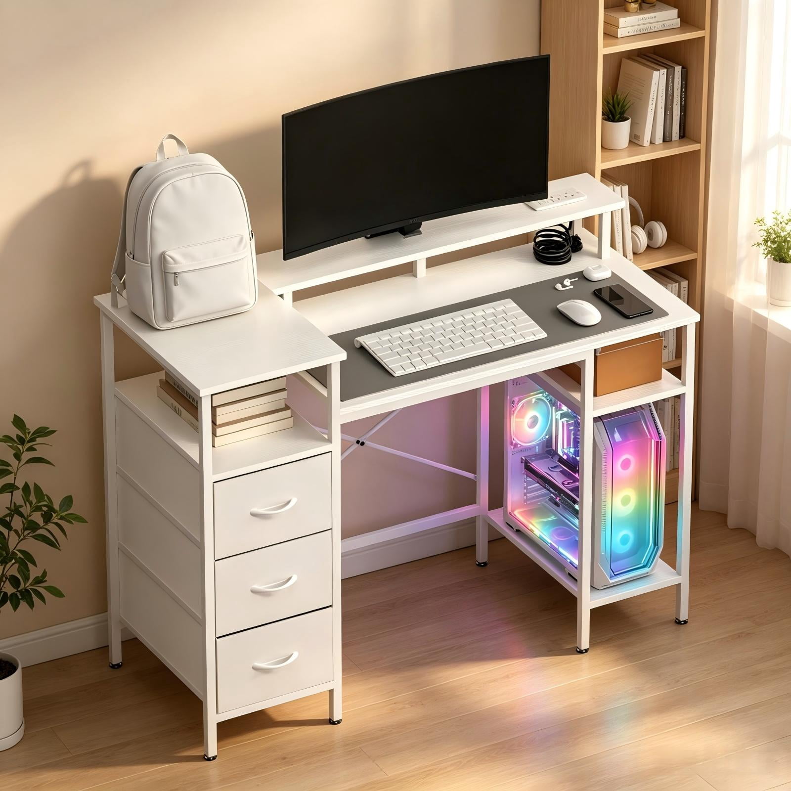 3-Drawer 4-Shelf Computer Desk with Power Strip, White, 47.2 x 18.8 x 34.7 in