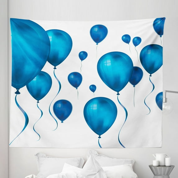 Balloons Tapestry, Wedding Birthday Anniversary Celebration Party Invitation Event Artwork, Fabric Wall Hanging Decor for Bedroom Living Room Dorm, 5 Sizes, White and Azure Blue, by Ambesonne