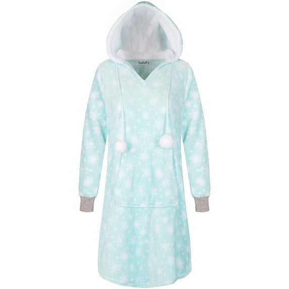 SofiePJ, Women's, Long Sleeve Fleece Printed Pull Over Hooded Sleepshirt with Pom poms, Blue, S