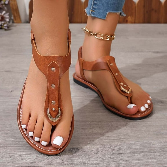 PiGOGI Women's Fashion Flat Sandals - Spring Summer Casual Shoes with Metal Buckle Decorations Comfortable Open Toe Lightweight Walking Sandals Brown