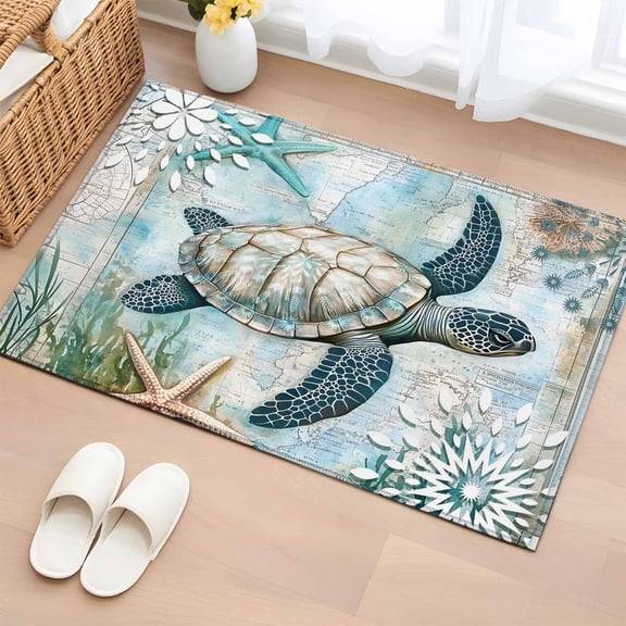 2x3 Ft Entryway Area Rug, Sea Turtle Coastal Kitchen Rug Runner Washable Floor Mat, Starfish Coral Summer Beach Non Slip Indoor Door Mat Throw Carpet for Bathroom Living Room Bedroom