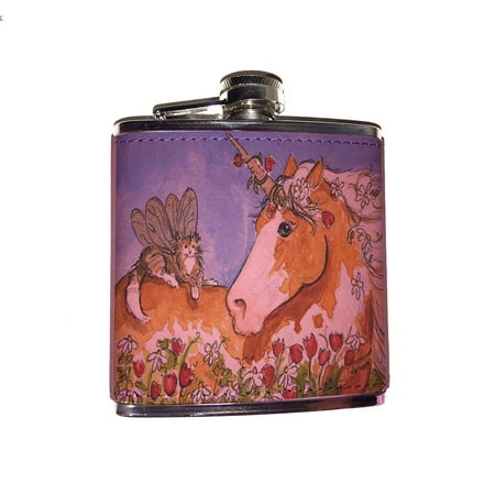 

KuzmarK Pink Leather Flask - Palomino Unicorn with Tabby Kitty Fairy Fantasy Horse and Cat Art by Denise Every
