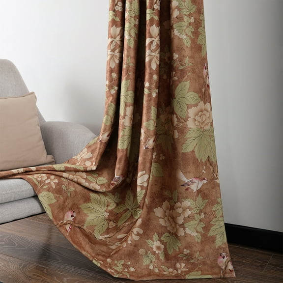 VOGOL Blackout Curtains, Floral and Leaf Print Window Panels Thermal Insulated Drapes for Hotel Home Theatre Bedroom Living Room, Grommet Top, 2 Panels, 52x63 Inch, Brown
