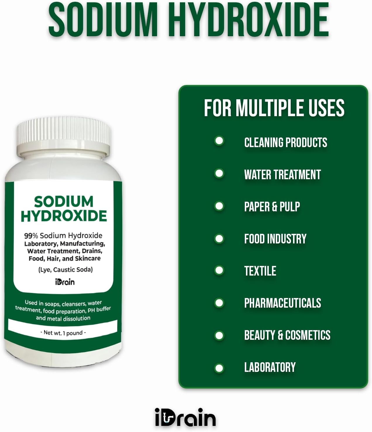 1-Pound Sodium Hydroxide (Caustic Soda) 99% Pure - For Drain Cleaning, Grease Traps, Septic Maintenance, Lab & Manufacturing Use