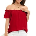 thumbnail image 2 of tarylea Off the Shoulder Tops for Women Short Sleeve Chiffon Ruffled Blouse Solid Color Loose Tunic Casual Lightweight Summer Tops, 2 of 6