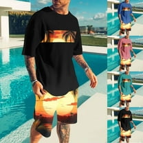 VBTAPA Men's 2 Piece Outfits Short Sleeve Tropical Graphic Tee Tops and Elastic Waist Shorts Set Summer Casual Track Suit Sets Black XXL