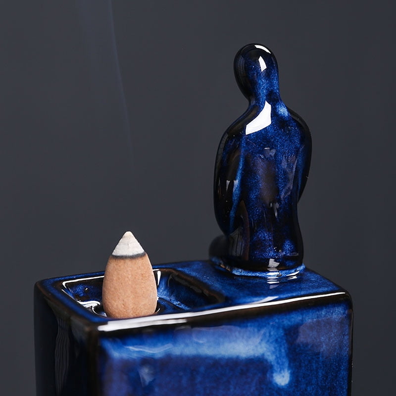 Statue Backflow Incense Holder Incense Burner Waterfall Aromatherapy Ornament Home Decor with Incense Cones and Incense Stick (Blue)