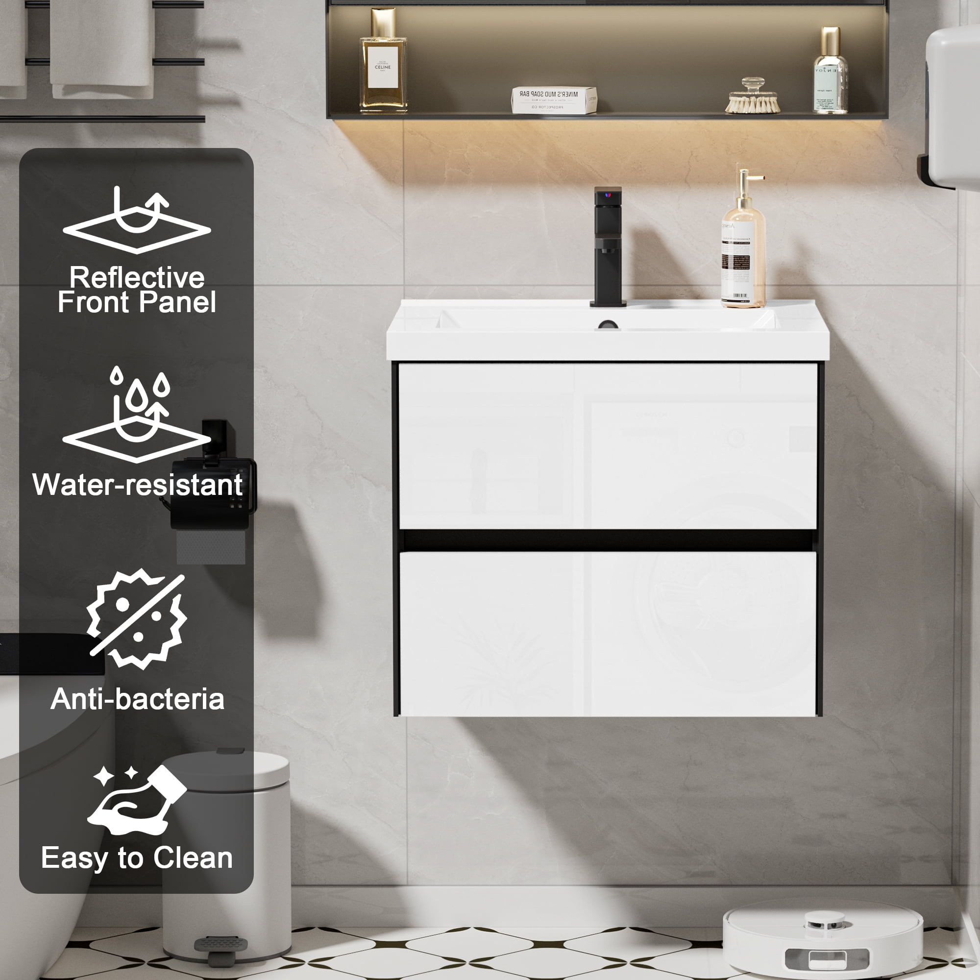 Eclife 24" Black and White Single Bathroom Vanity with Integrated Sink Top, Faucet and Drain