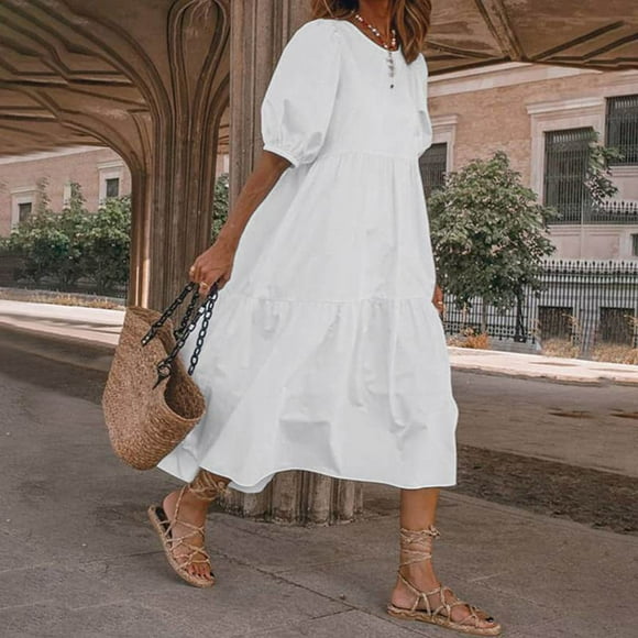 LOVZFMLL Fashion Women Loose Solid Color O Puff Sleeve Casual Short Sleeves Dress White M