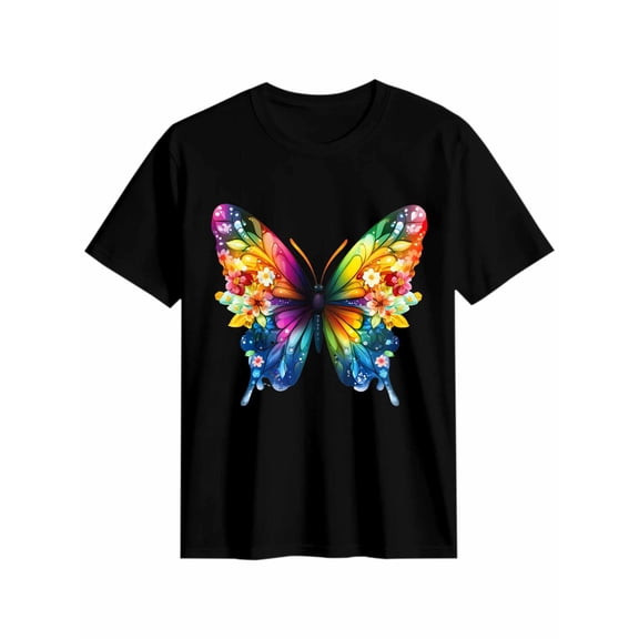 Women's T-Shirt Colorful Butterfly Abstract Short Sleeve Casual Tee Classic Crew Neck T Shirt for Women Black, 2XL