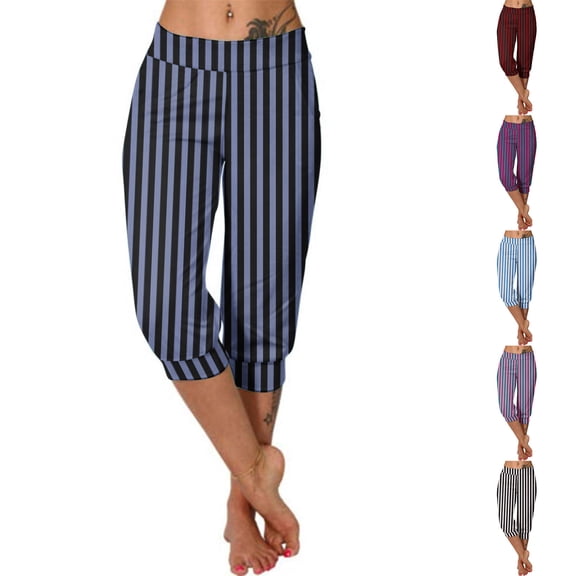 Yxbdin Striped Capri Pants for Women Plus Size Tummy Control Yoga Pant High Waisted Workout Leggings for Athletic Exercise Sky Blue XL