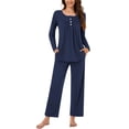 thumbnail image 2 of FRSASU Pajama Sets for Women 2 Piece Lounge Set Round Neck Button up Long Sleeve Tops and Long Pants Soft Comfy Sleepwear Outfits Navy, 2 of 7