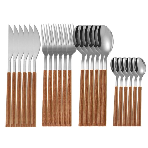 Akatsuki Silverware Set for 6, 24-Piece Stainless Steel Forks and Spoons Dinner Knives Cutlery Utensils Set with Simulated Wooden Handle Flatware Set Mirror Polished and Dishwasher Safe (Silver)