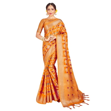 Elina fashion Sarees for Women Indian Wedding Ethnic Patola Art Silk Woven Work Saree,Sari and Unstitched Blouse Piece Mustard
