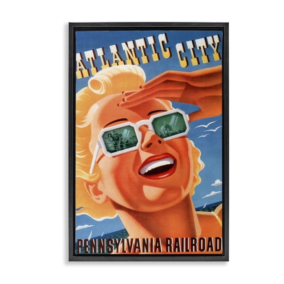 Stupell Industries Atlantic City Vintage Woman People Painting Black Floater Framed Canvas Art Print Wall Art, 17 x 25