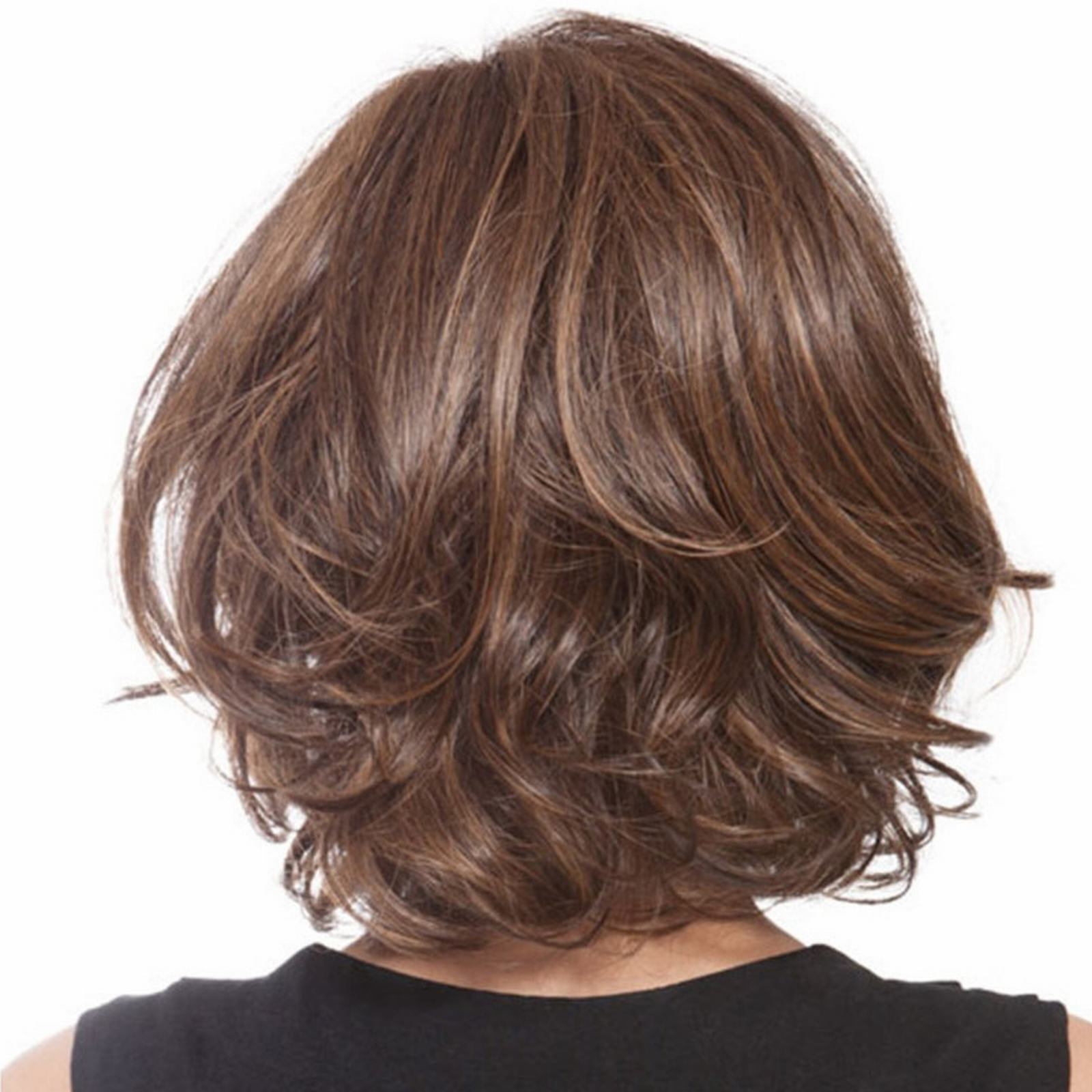 Short Wave Curly Wigs for Women, with Inclined Bangs, Layered Wavy Bob Wig with Medium Length, Average Cap, Elegant Puffy Synthetic Fibre Wig for Daily Party-Brown-11.8''Length
