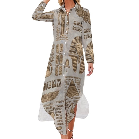 Egyptian hieroglyphs and deities -Vintage Gold Long Sleeved Shirt Dress women clothing new arrivals dresses for women 2024