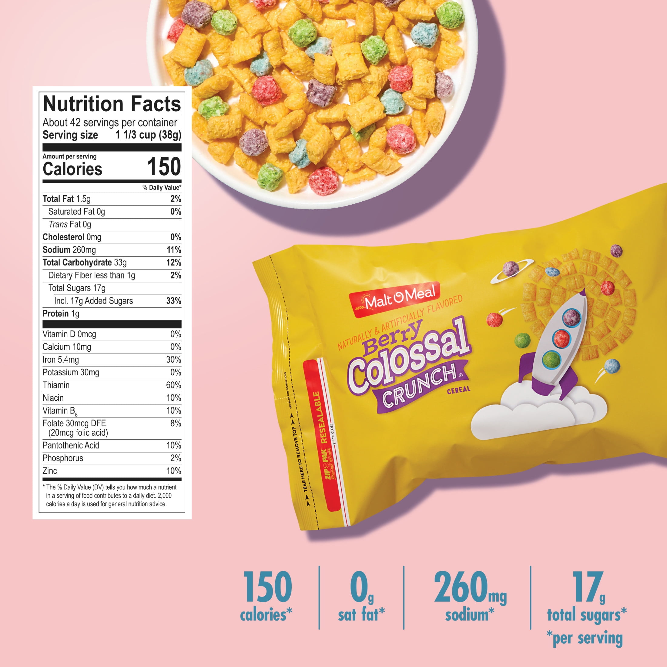 Malt-O-Meal Berry Colossal Crunch Breakfast Cereal, Corn & Oat Cereal, 56 oz Bag