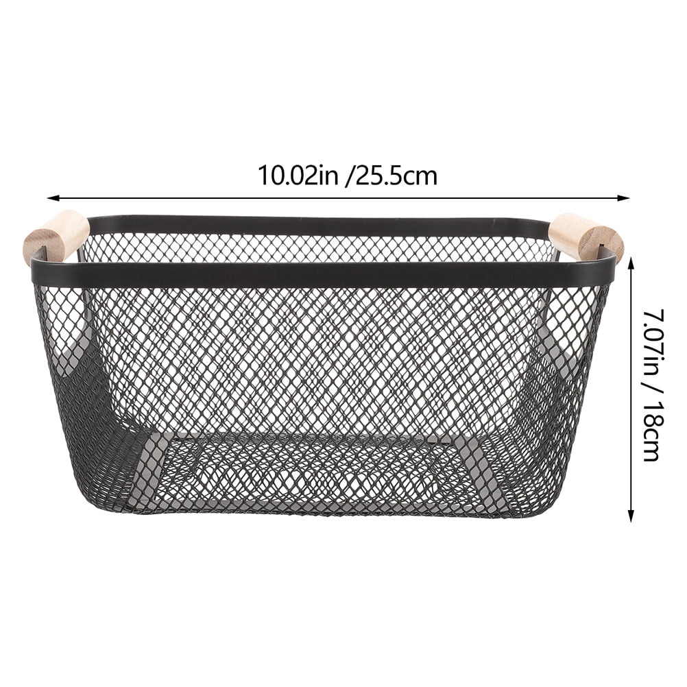 Soimiss 2Pcs Metal Mesh Storage Basket with Wood Handles Black Multifunctional Wire Organizer