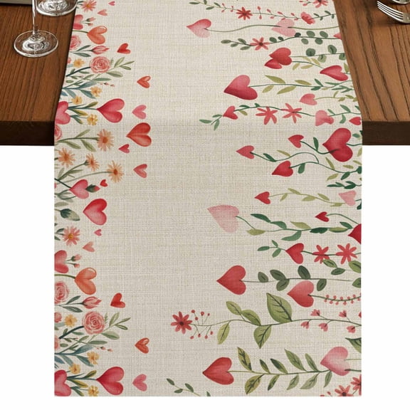 Table Runners 48 Inches Long Dress Scarves, Valentine's Day Farmhouse Kitchen Table Runner, Short Coffee Tablerunners, Watercolor Love Flowers Leaves Plants Beige 13x48 Inch