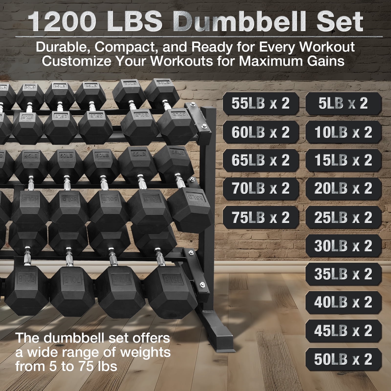 5–75 lbs Dumbbells Weight Set (15 Pairs), 1200 lbs Hex Dumbbell Sets, Gyms Weights Dumbbells Sets, Weight Set for Home Gym, Strength Training