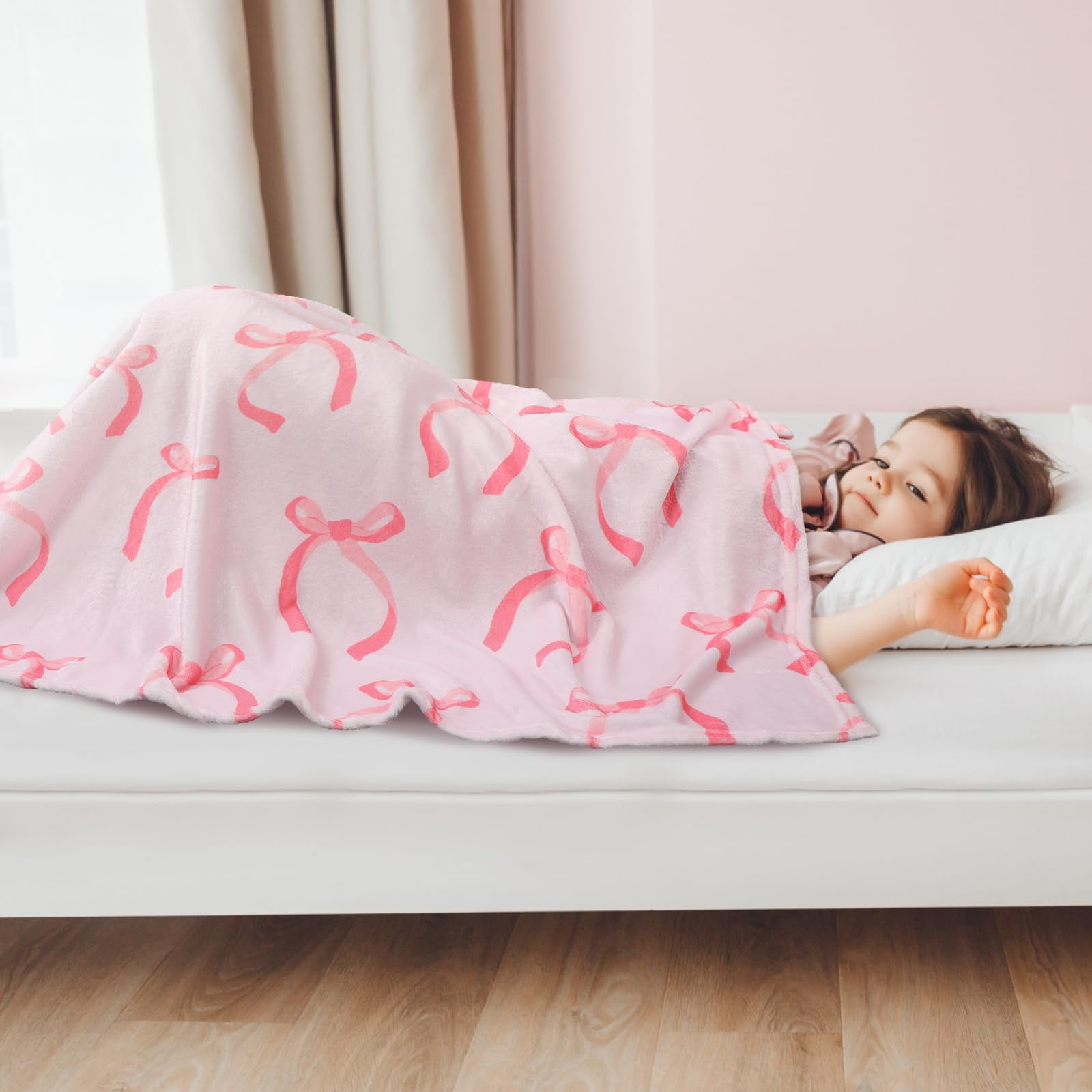 Pink Bow Blanket Christmas Throw Blanket Pink Bow Ribbon Winter Farmhouse Blanket Couch Sofa Soft Warm Bed Blankets for Women Friends Gifts, 50 x 60 Inch(Watercolor Bow)