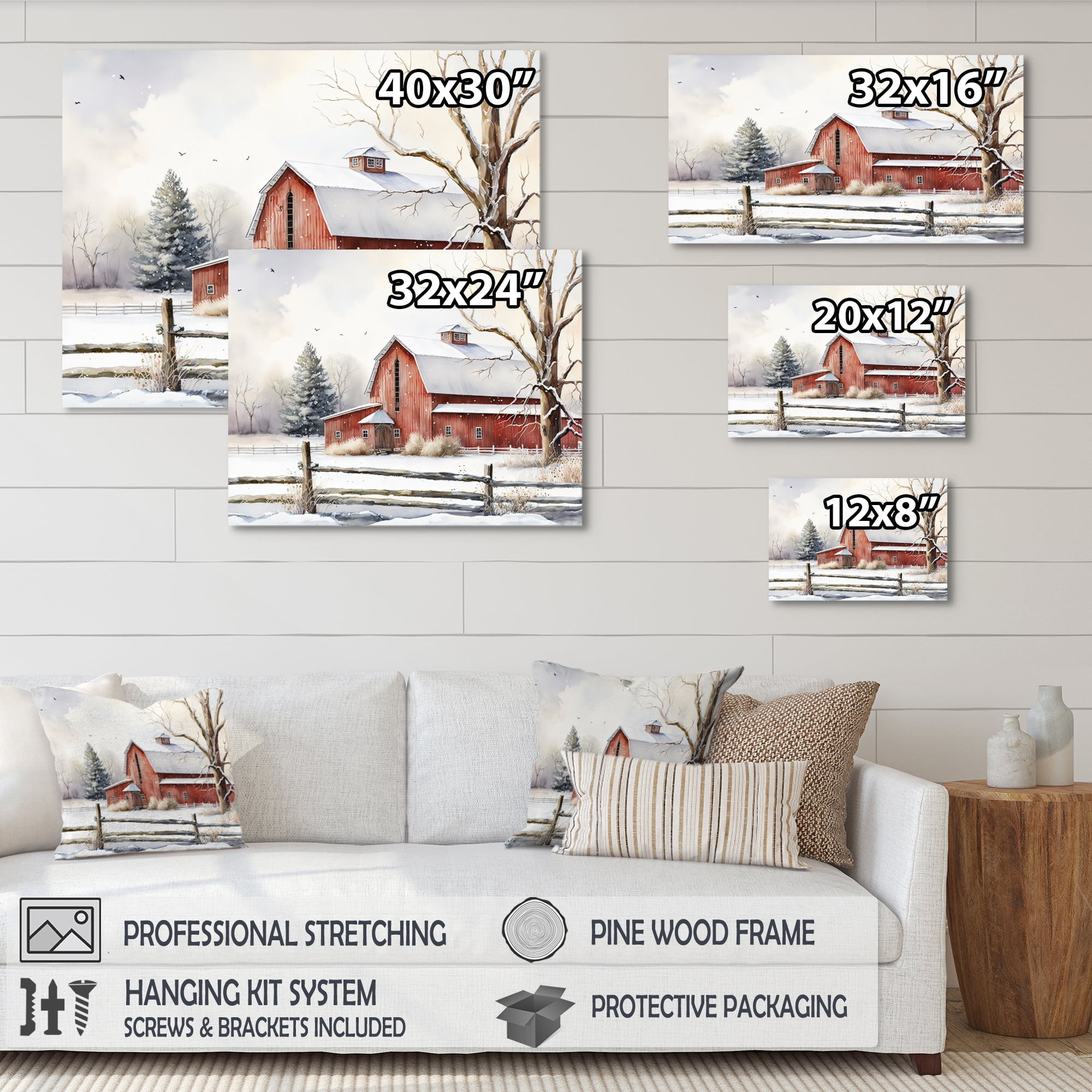 Designart Calm Red Barn In Winter II Canvas Wall Art