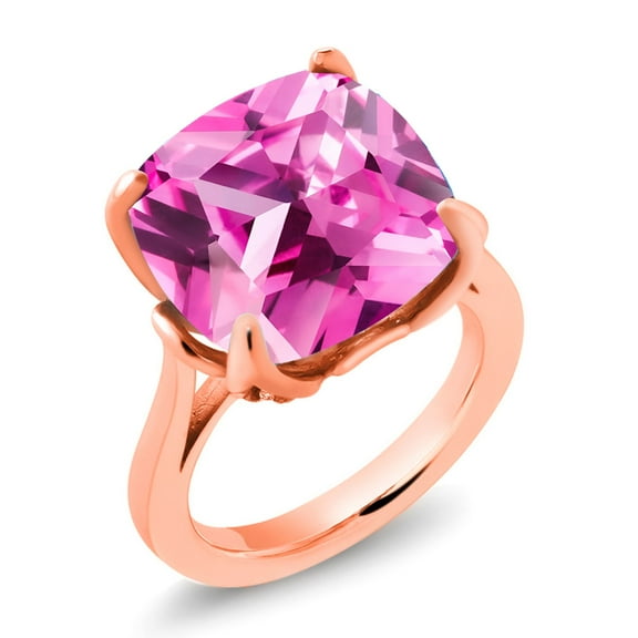 Gem Stone King 18K Rose Gold Plated Silver Pink Created Sapphire and White Moissanite Engagement Ring for Women (14.60 Cttw, 14MM Cushion, Size 7)