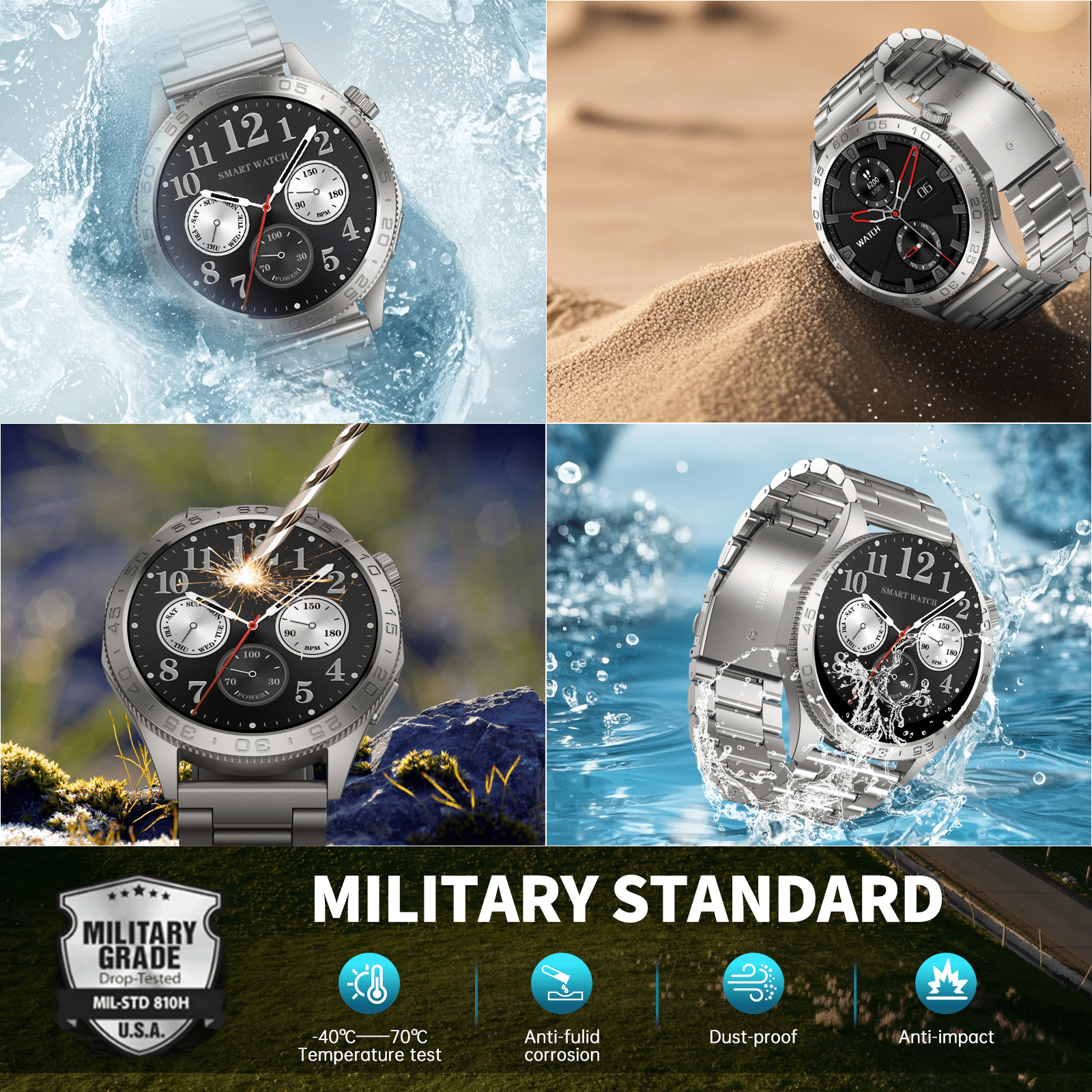 Smart Watch for Men(Answer/Dial Calls), 1.43'' AMOLED/100 Sports Modes, 5ATM Waterproof Fitness Watch with Fitness Tracking Fits for Android and iOS Smartwatch Silver Steel