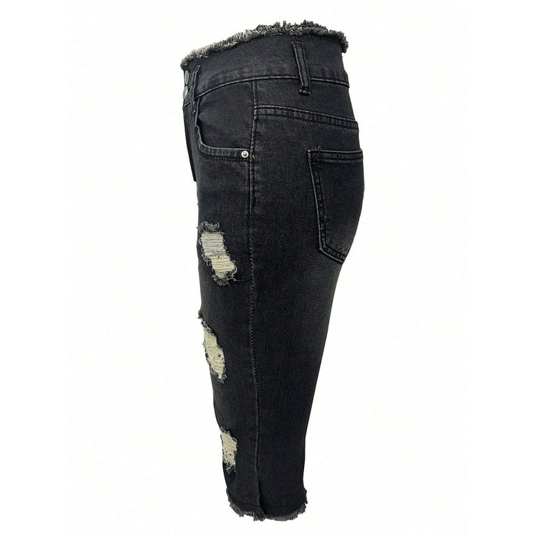 HKYNLAG Capri Jeans for Women Low Rise Cropped Stretchy Ripped