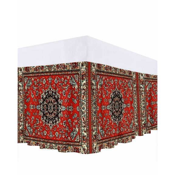 Red Vintage Boho Bed Skirt Luxury Traditional Tribal Art Bed Skirts California King Size 16 Inch Drop, Wrap Around Dust Ruffle Bedskirt with Adjustable Elastic Belt for Queen Size Beds