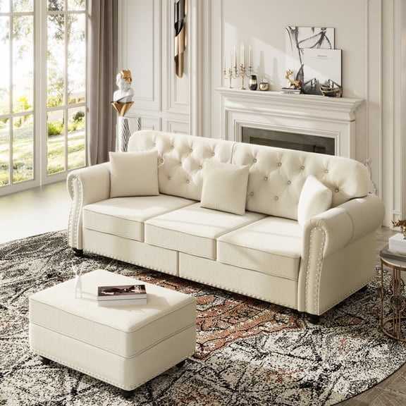 Noble House Kieran 3-Seater Velvet Chesterfield Sofa, Modern Tufted Armchair with Nailhead Trim and Ottoman, Beige White