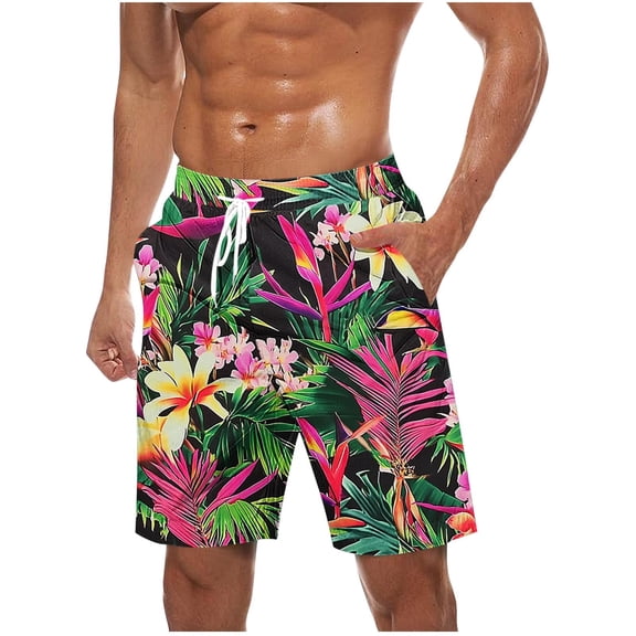 Men's Beach Shorts Hawaiian Print Elastic Waist Drawstring Side Pockets Lightweight Quick Dry Summer Vacation Casual Board Shorts Green L