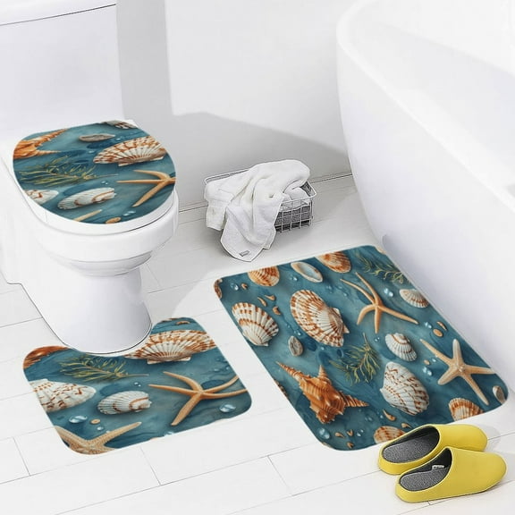 Beach Seashell Starfish Bathroom Mats Set of 3 Pieces，Non Slip Non Slip Mats, Washable Mats, Decorative Carpets for Bathrooms, Kitchens, And Bedrooms.