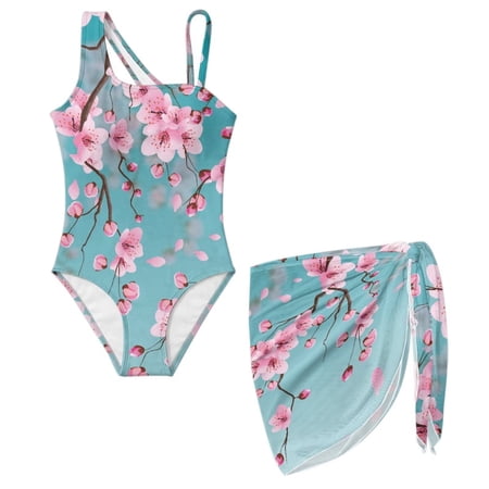 Xoenoiee Blue Cherry Blossom Print Girls Swimsuits Adjustable Strap One Piece Bathing Suits with Cover Up Skirt Quick Dry Hawaiian Swimwear for Teens Kids Size 11-12 Years