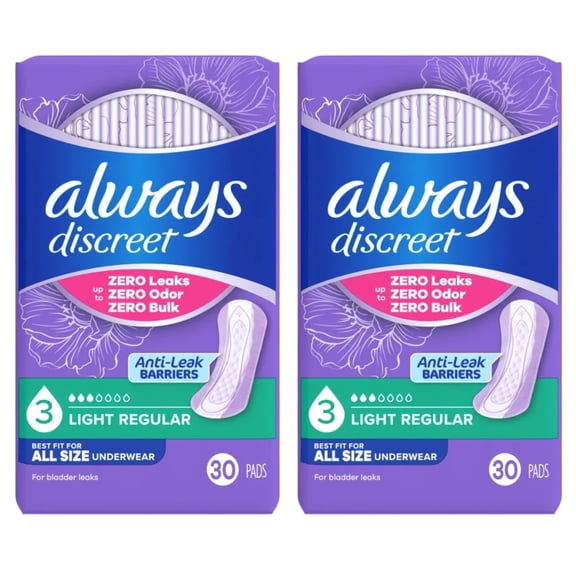Always Discreet Ultra Thin Incontinence Liners, Regular Length 30 ea (Pack of 2)