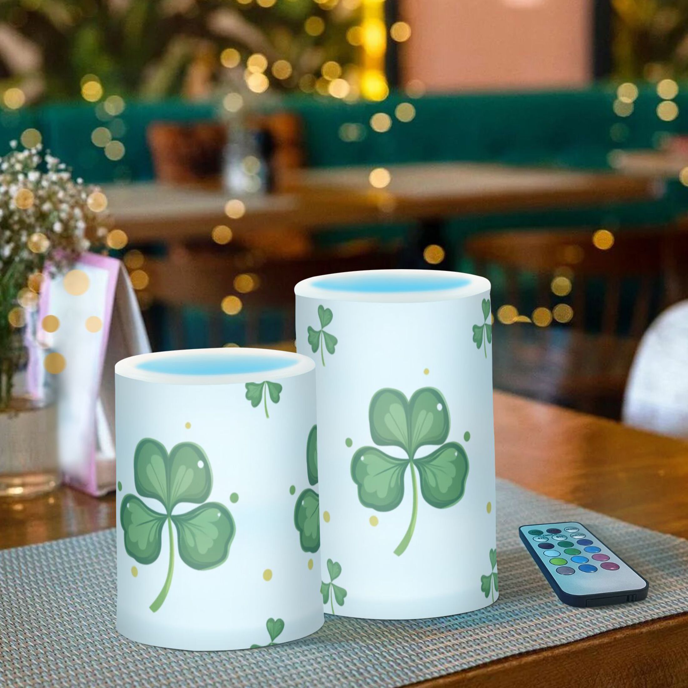 Clovers Dots St Patricks Day Flickering Flameless Candles LED Tealight Battery Operated with Remote Set of 2 Holiday Decor Ornaments
