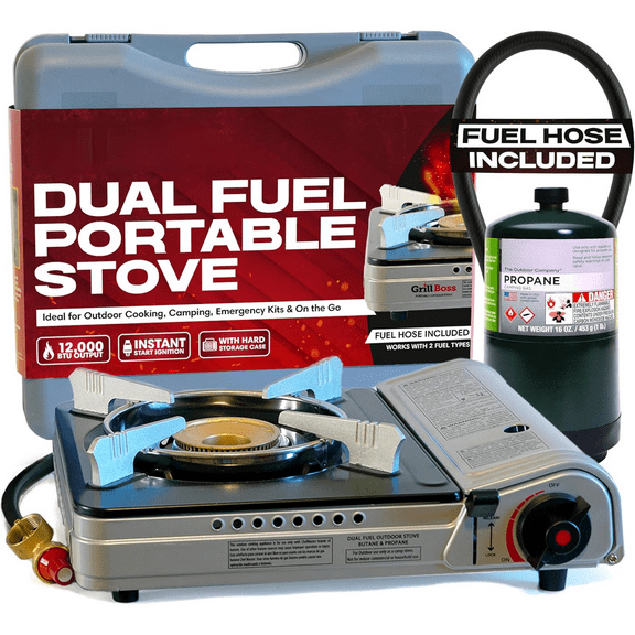 Grill Boss Dual Fuel Portable Stove, Dual Fuel Butane & Propane Stoves, 12K BTU Butane Camp Stove & Propane Portable Camping Stoves for Emergencies, Outdoor BBQ