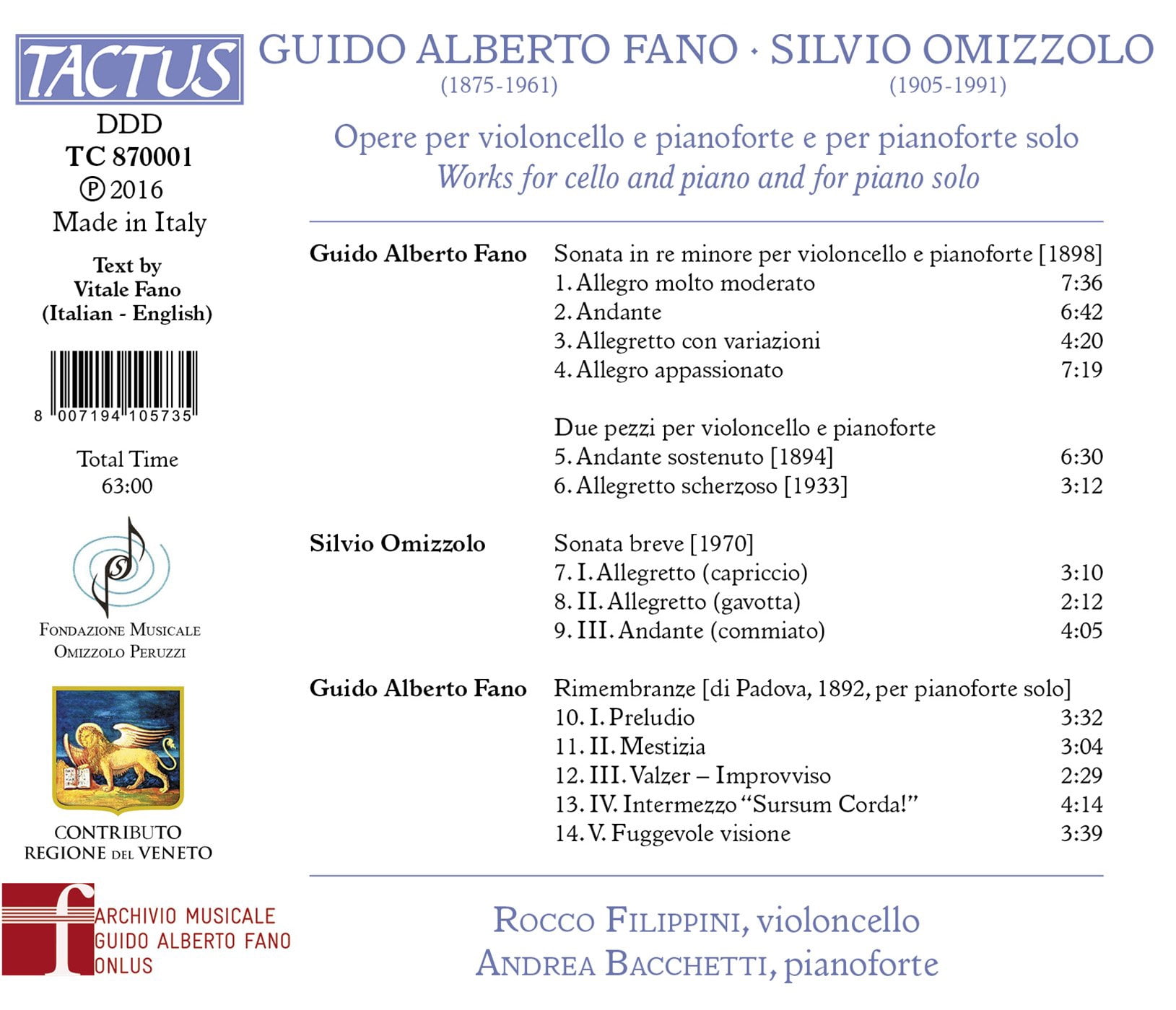 Fano / Omizzolo / Filippini / Bacchetti - Guido Alberto Fano & Silvio Omizzolo: Works for Cello & Piano - Music & Performance - CD