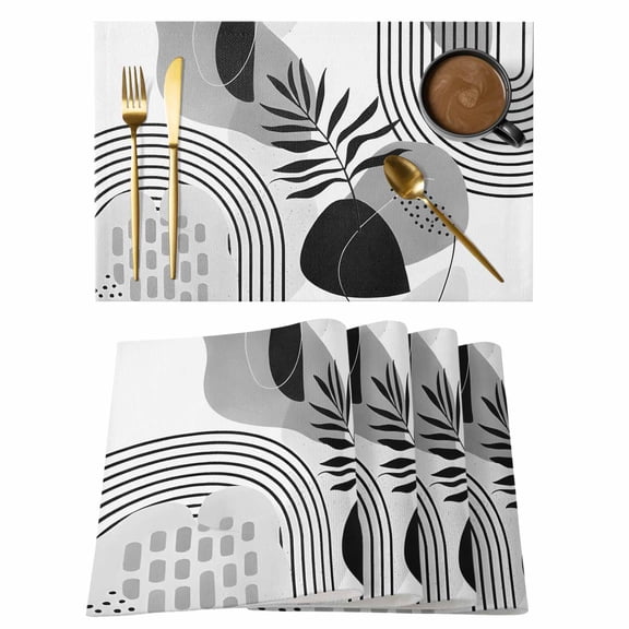 Grey Boho Geometric Placemats Set of 4, Vintage Ethnic Abstract Lines Leaves Placemats for Dining Table, Place Mats for Kitchen Tabletop, Waterproof Wipeable Dining Table Mats Set