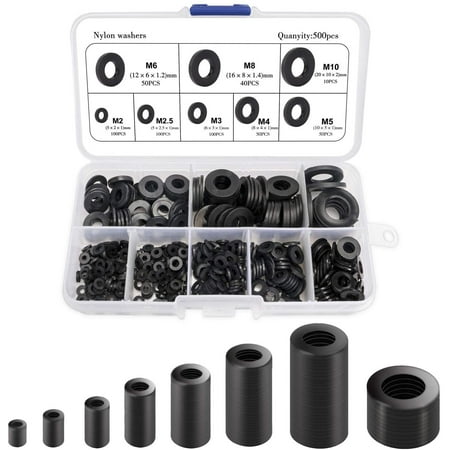 

Nylon Gasket 500PCS Black Flat Washer Round Spacer Washer Compatible with M2 M2.5 M3 M4 M5 M6 M8 M10