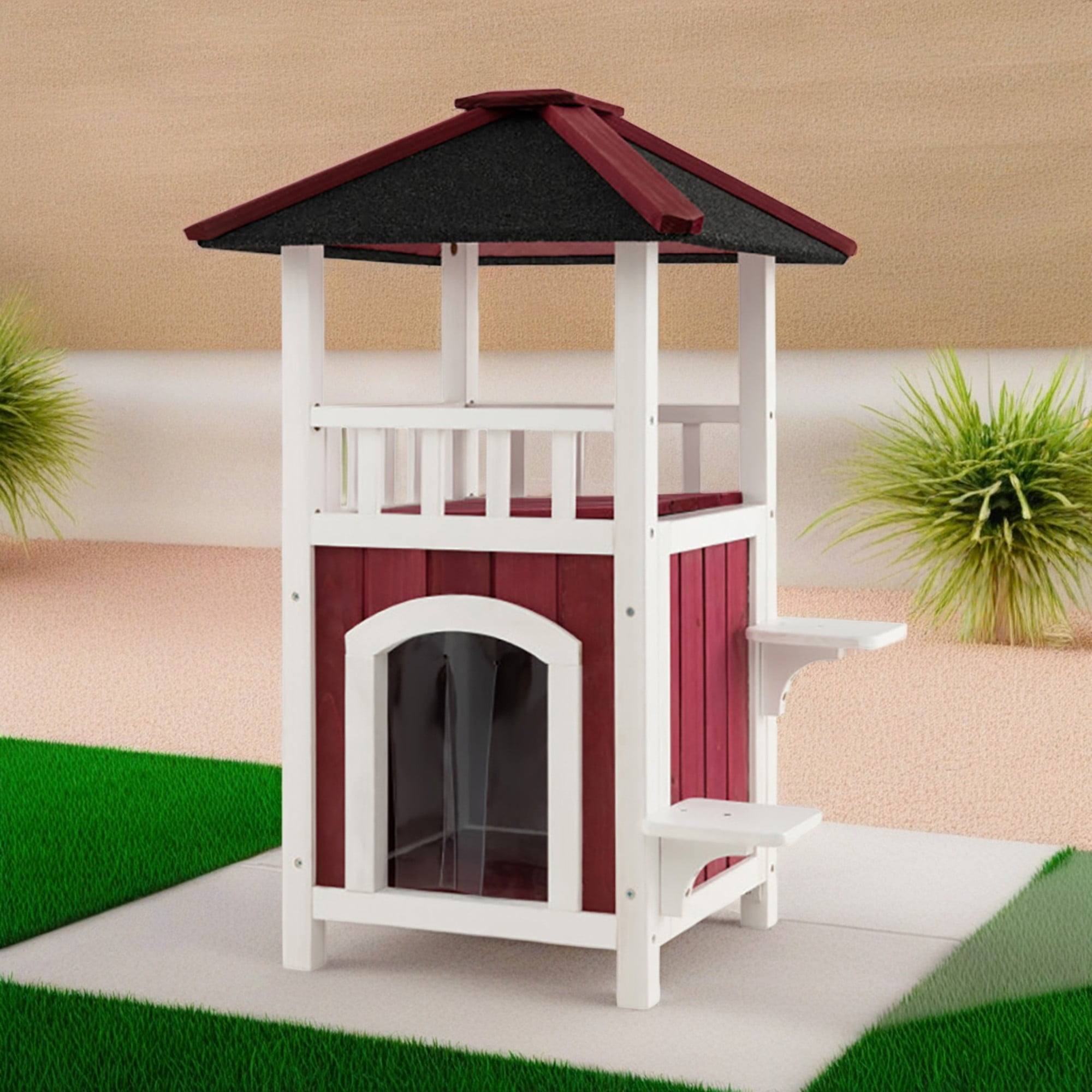 resenkos 34" Feral Cat House, Outdoor Cat Shelter with Asphalt Roof Balcony, Rainproof Outside Kitty Condo with Rain Curtain, Red