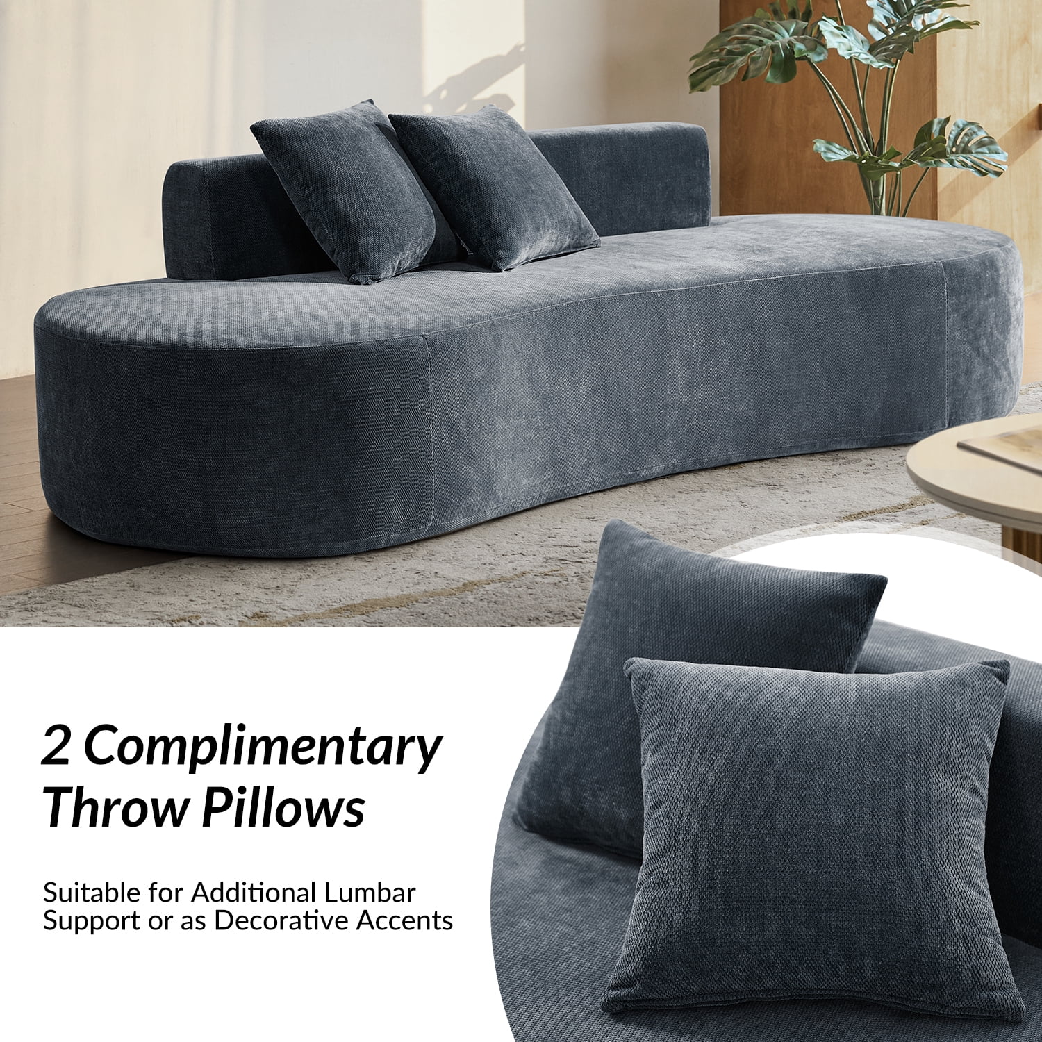 Tina's Home Modern Minimalist 3-Seater Blue Sofa for Adult Living Room Couch with Curved Design No Assembly Required